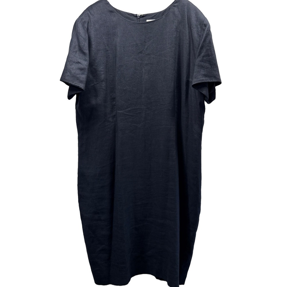 Lord & Taylor Women's 100% Linen Dress Sz 18 Solid Black Back Zipper Sheath VTG